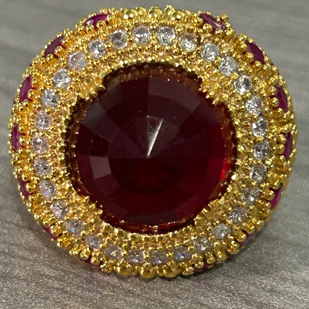 NWOT-Bold Ruby Halo Statement Ring | Gold Filled Over Sterling Silver | Size 8